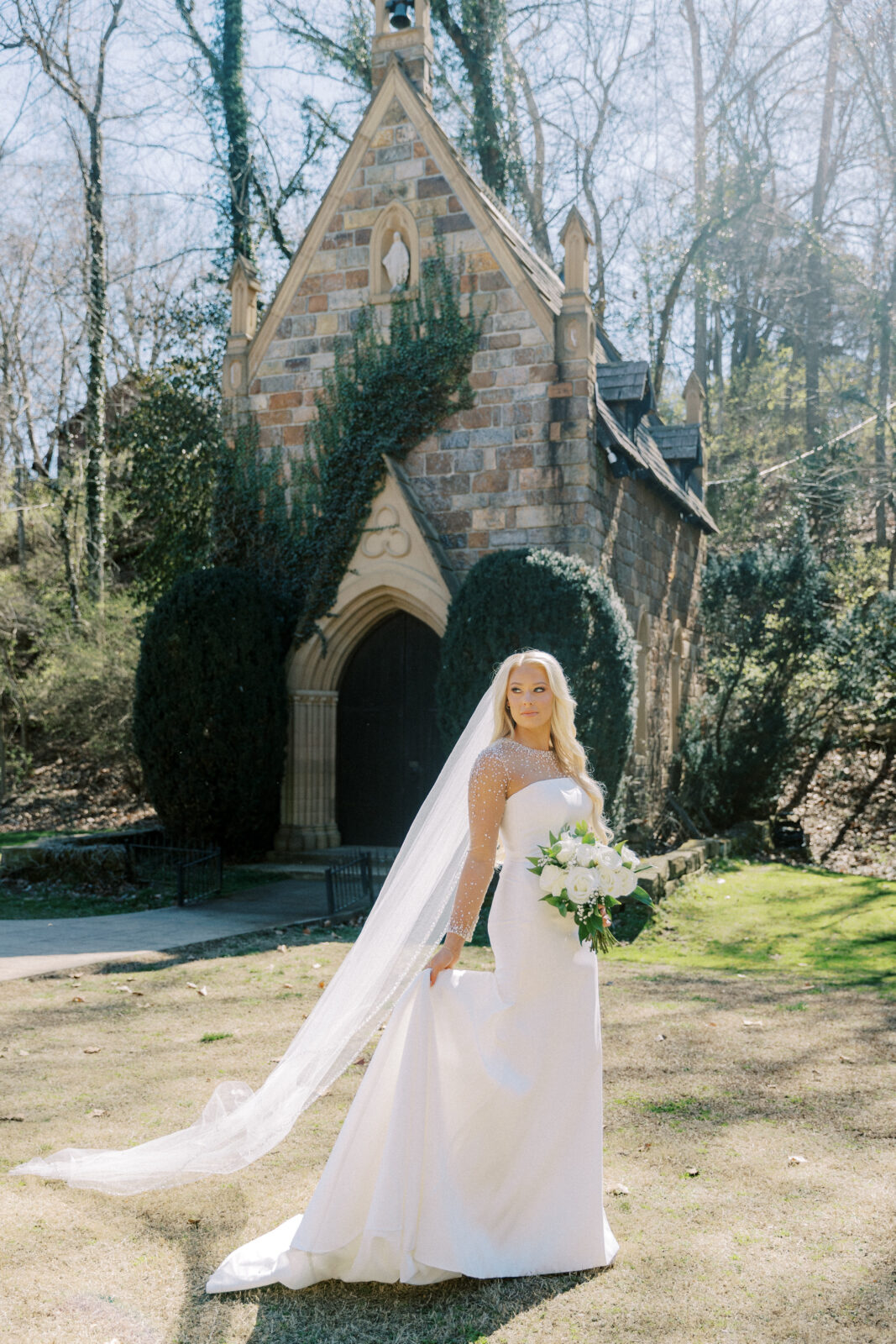 Grace wearing a diamond-accented wedding dress during her spring bridal session