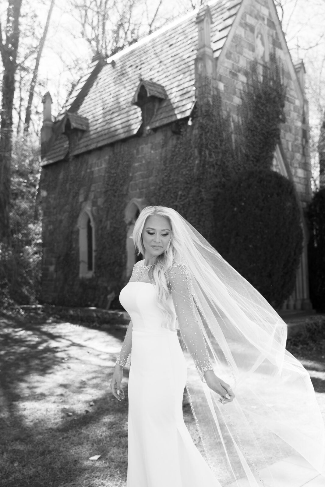 Grace wearing a diamond-accented wedding dress during her spring bridal session